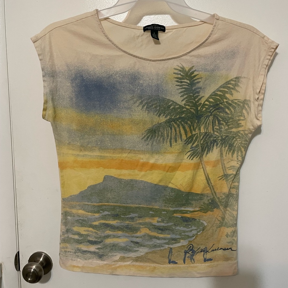 LRL Lauren Jeans Co Sleeveless 2 sided Tropical sunset print Signature T Shirt